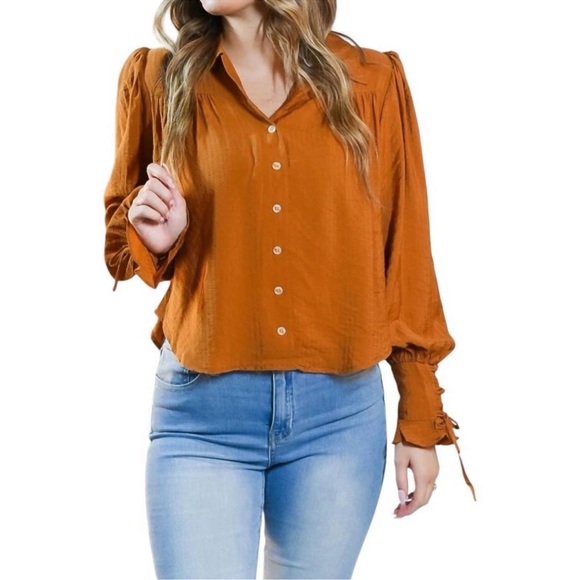 Blu Pepper Tops - NWT Blu Pepper Mustard Button Front Blouse Tie Cuff Long Sleeve Size L